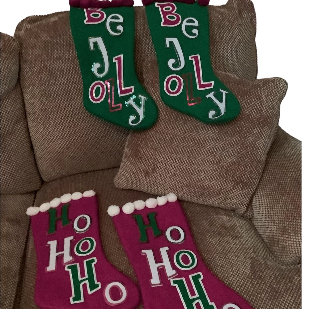 CLOSEOUT. 4 BRAND NEW CHRISTMAS STOCKINGS  2 - Jolly.  2. -  HO HO